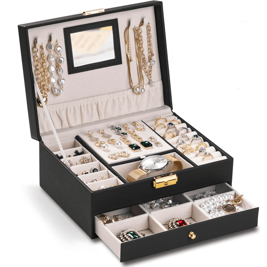 Cutie Bijuterii cu Cheie, 2 Nivele & Sertar, Catifelată, Piele Ecologică Neagră, 23 x 17 x 10.5 cm