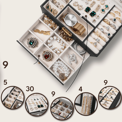 Cutie Bijuterii cu Cheie, 2 Nivele & Sertar, Catifelată, Piele Ecologică Neagră, 23 x 17 x 10.5 cm