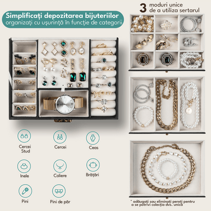 Cutie Bijuterii cu Cheie, 2 Nivele & Sertar, Catifelată, Piele Ecologică Neagră, 23 x 17 x 10.5 cm