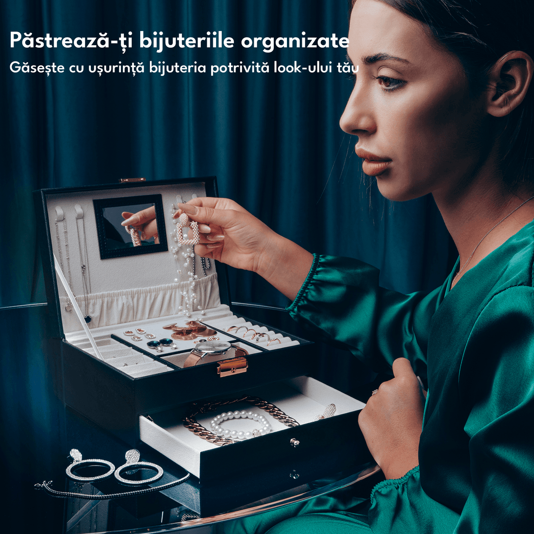 Cutie Bijuterii cu Cheie, 2 Nivele & Sertar, Catifelată, Piele Ecologică Neagră, 23 x 17 x 10.5 cm