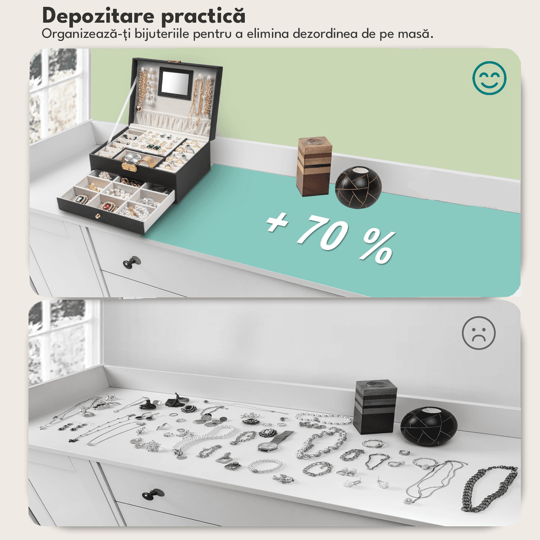 Cutie Bijuterii cu Cheie, 2 Nivele & Sertar, Catifelată, Piele Ecologică Neagră, 23 x 17 x 10.5 cm