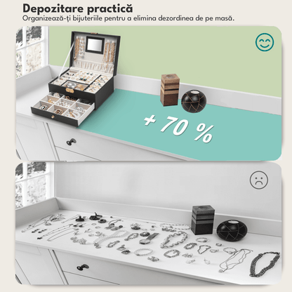 Cutie Bijuterii cu Cheie, 2 Nivele & Sertar, Catifelată, Piele Ecologică Neagră, 23 x 17 x 10.5 cm