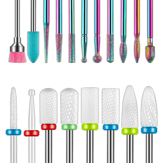Set 19 biți freză unghii, 2 rotunde, 6 cuticulă, 2 cilindri, 1 perie, 8 ceramici, multicolor