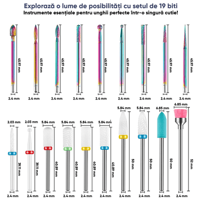 Set 19 biți freză unghii, 2 rotunde, 6 cuticulă, 2 cilindri, 1 perie, 8 ceramici, multicolor