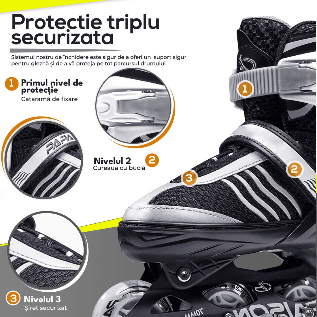 Role Reglabile M 32-35, Roți Luminoase Silicon, Rulmenți ABEC-7, Gri