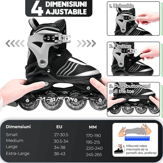 Role Reglabile S 28-31, Roți Luminoase Silicon, Rulmenți ABEC-7, Gri