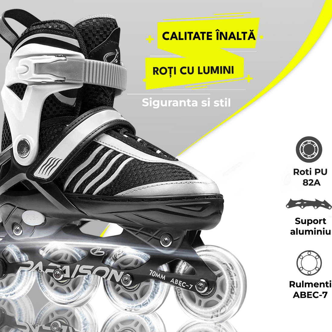 Role Reglabile S 28-31, Roți Luminoase Silicon, Rulmenți ABEC-7, Gri