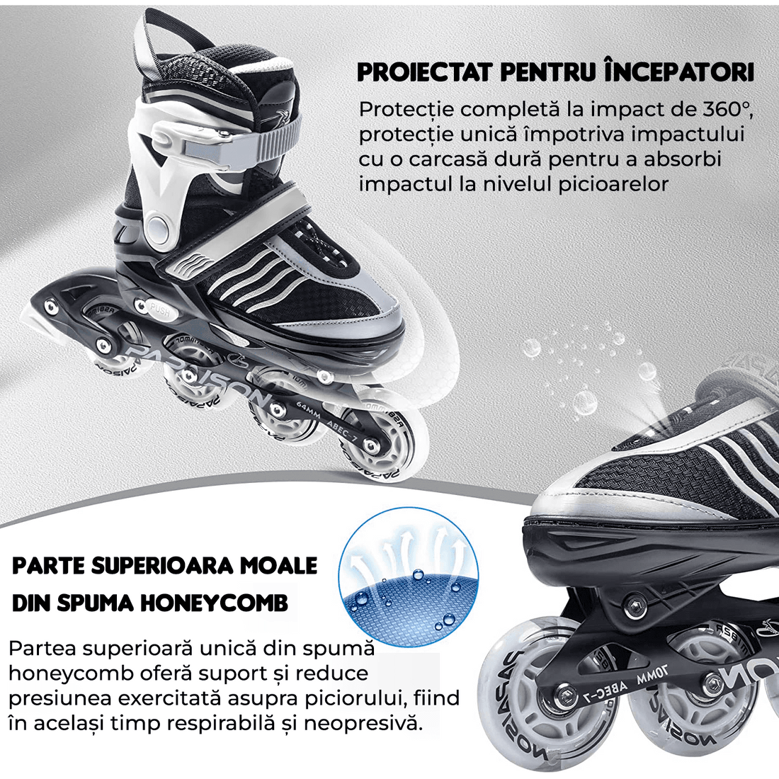 Role Reglabile S 28-31, Roți Luminoase Silicon, Rulmenți ABEC-7, Gri