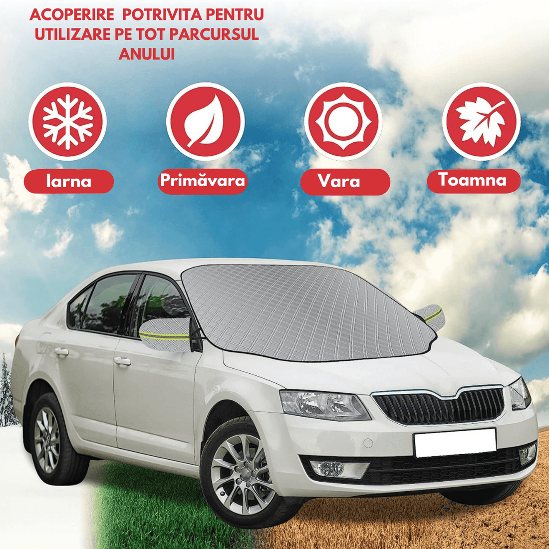 Parasolar pentru Parbriz și Oglinzi, Anti-Igheț, cu 5 Magneți, Bandă Reflectorizantă, Material cu 4 Straturi, Universal, 193 x 126 cm