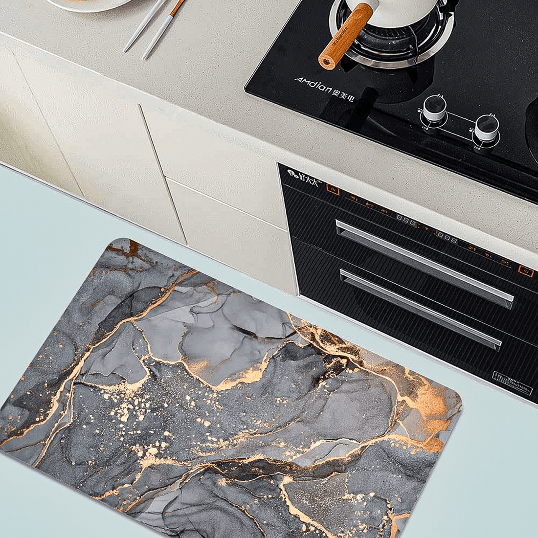 Covor Baie Universal, Spumă Silicon & Diatom, Absorbant, Antiderapant, 50×80 cm, Gri cu Auriu