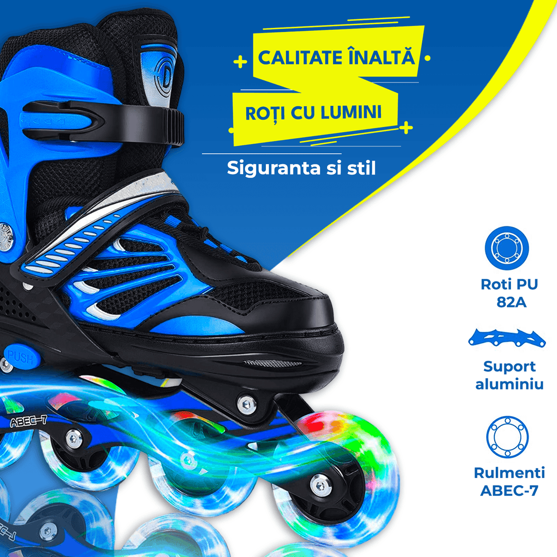 Role Reglabile S 27-32, Roți Luminoase Silicon, Rulmenți ABEC-7, Albastru