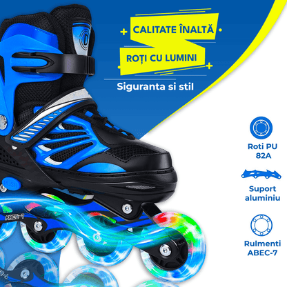 Role Reglabile S 27-32, Roți Luminoase Silicon, Rulmenți ABEC-7, Albastru