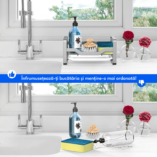 Suport Burete Vase Multifuncțional, Oțel Inoxidabil, cu Tava de Scurgere Detașabilă, Organizator pentru Lavete, Argintiu