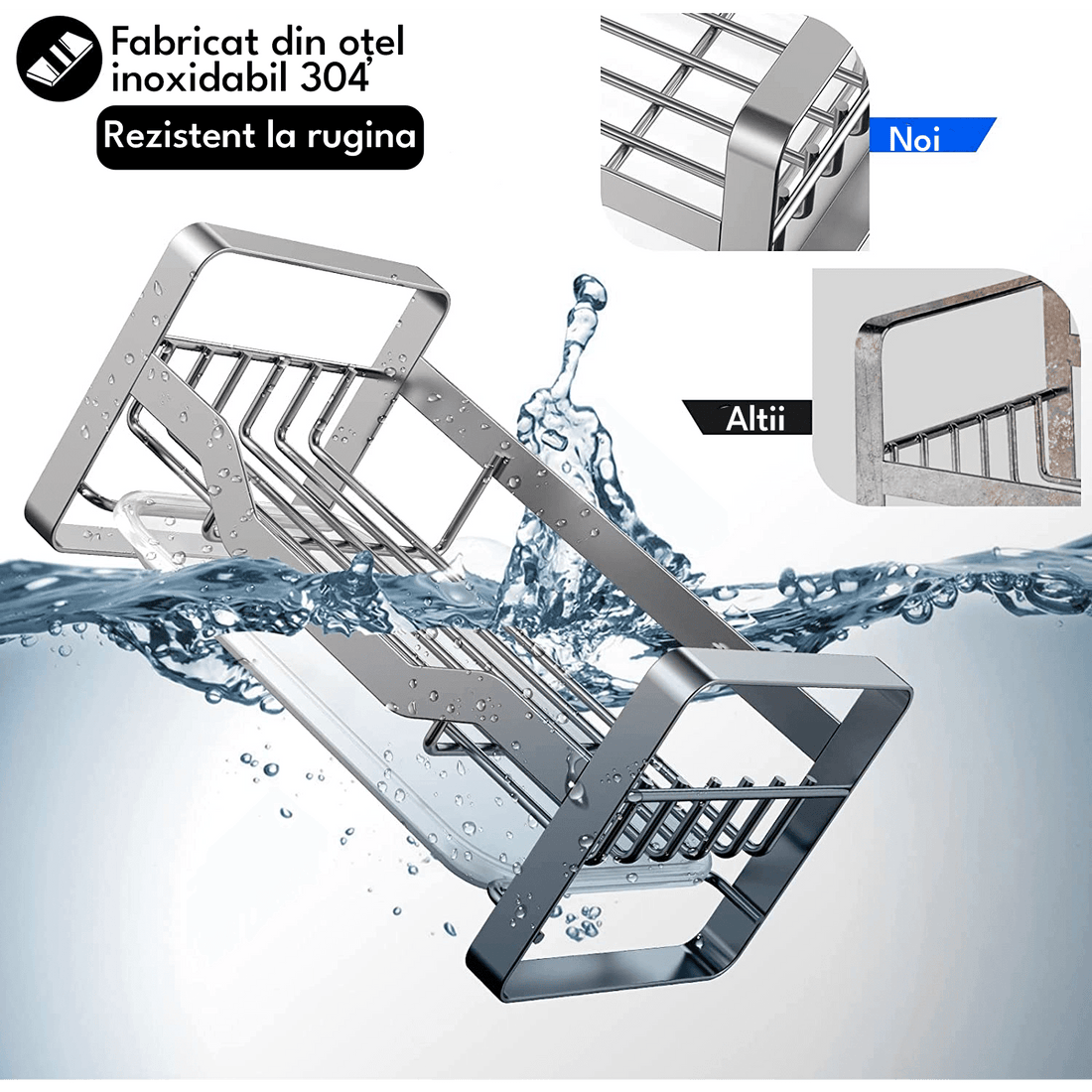 Suport Burete Vase Multifuncțional, Oțel Inoxidabil, cu Tava de Scurgere Detașabilă, Organizator pentru Lavete, Argintiu