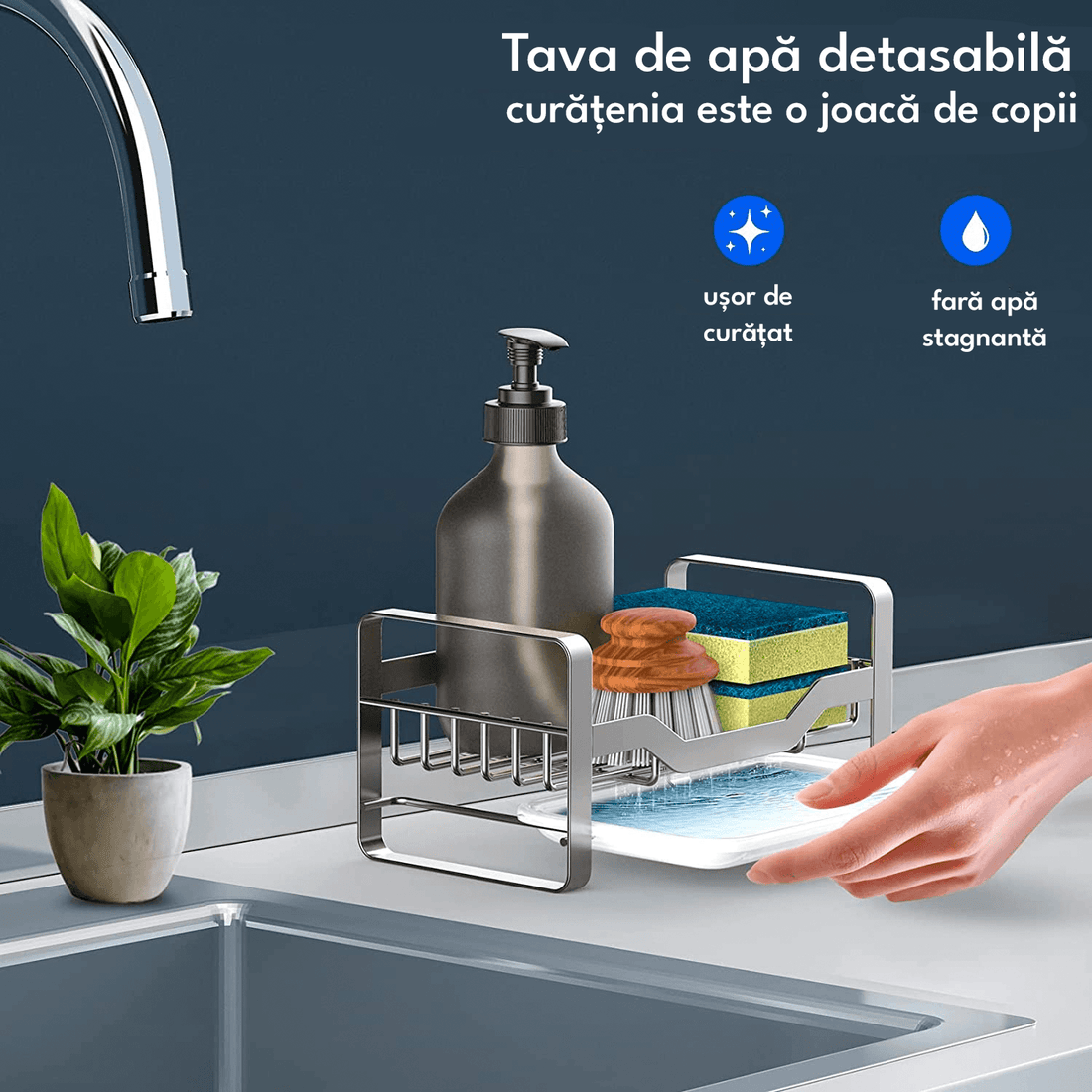 Suport Burete Vase Multifuncțional, Oțel Inoxidabil, cu Tava de Scurgere Detașabilă, Organizator pentru Lavete, Argintiu