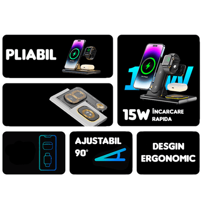 Incarcator Wireless Elindor® Fast Charger 3 in 1, Incarcare Rapida 15W pentru iPhone, Samsung, Huawei, Incarcare Apple Watch & AirPods, Negru