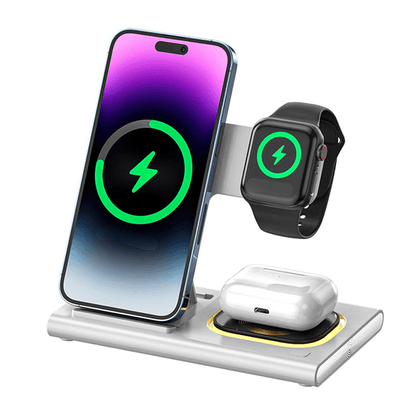Incarcator Wireless Elindor® Fast Charger 3 in 1, Incarcare Rapida 15W pentru iPhone, Samsung, Huawei, Incarcare Apple Watch & AirPods, Alb