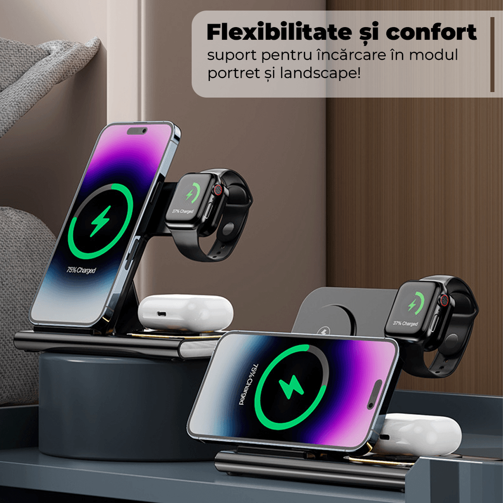 Incarcator Wireless Elindor® Fast Charger 3 in 1, Incarcare Rapida 15W pentru iPhone, Samsung, Huawei, Incarcare Apple Watch & AirPods, Alb