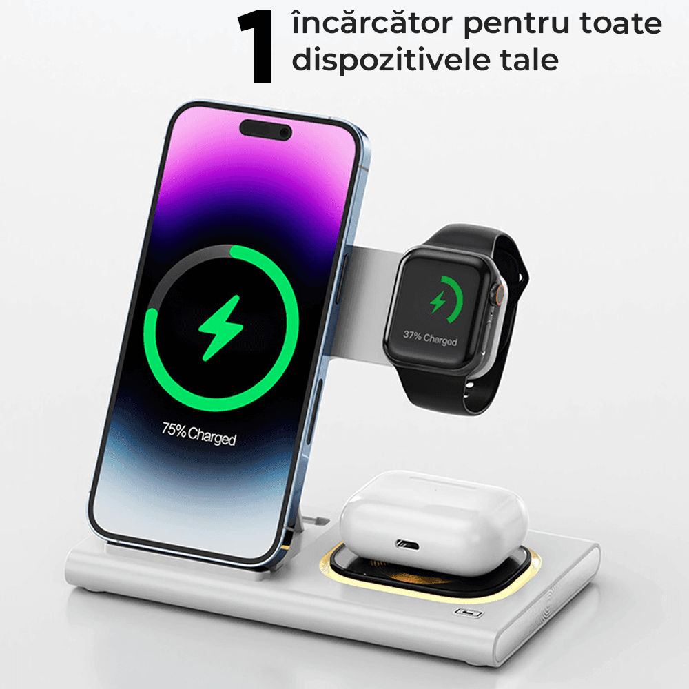 Incarcator Wireless Elindor® Fast Charger 3 in 1, Incarcare Rapida 15W pentru iPhone, Samsung, Huawei, Incarcare Apple Watch & AirPods, Alb