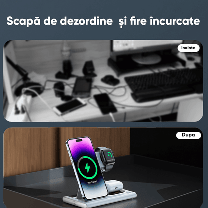 Incarcator Wireless Elindor® Fast Charger 3 in 1, Incarcare Rapida 15W pentru iPhone, Samsung, Huawei, Incarcare Apple Watch & AirPods, Alb