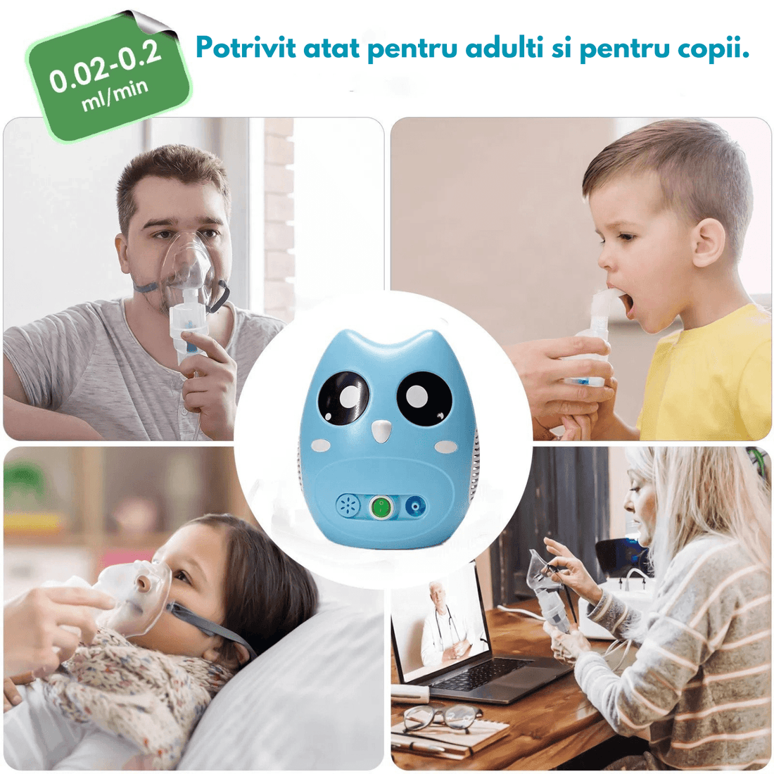 Aparat aerosoli inhalator Blue Owl, nebulizator cu compresor, 0.2ml/min, măști copii și adulți, accesorii incluse