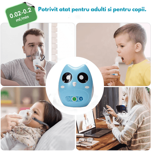 Aparat aerosoli inhalator Blue Owl, nebulizator cu compresor, 0.2ml/min, măști copii și adulți, accesorii incluse
