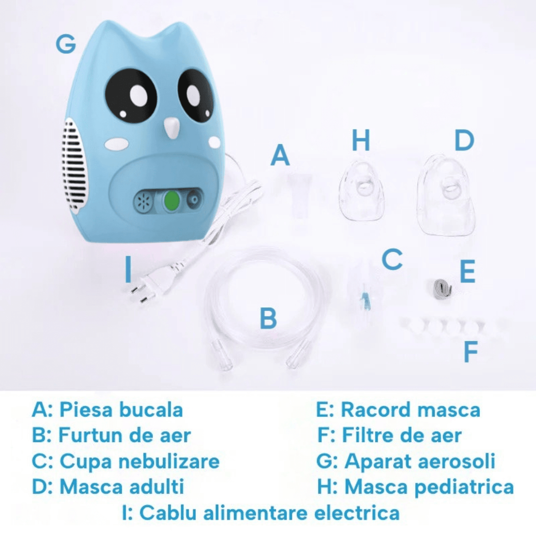 Aparat aerosoli inhalator Blue Owl, nebulizator cu compresor, 0.2ml/min, măști copii și adulți, accesorii incluse