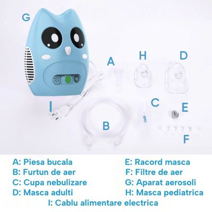 Aparat aerosoli inhalator Blue Owl, nebulizator cu compresor, 0.2ml/min, măști copii și adulți, accesorii incluse