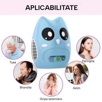 Aparat aerosoli inhalator Blue Owl, nebulizator cu compresor, 0.2ml/min, măști copii și adulți, accesorii incluse