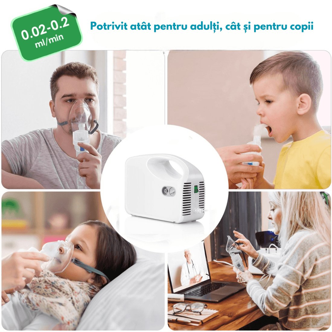 Aparat aerosoli inhalator, nebulizator cu compresor, 0.2ml/min, măști copii și adulți, alb