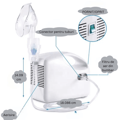 Aparat aerosoli inhalator, nebulizator cu compresor, 0.2ml/min, măști copii și adulți, alb