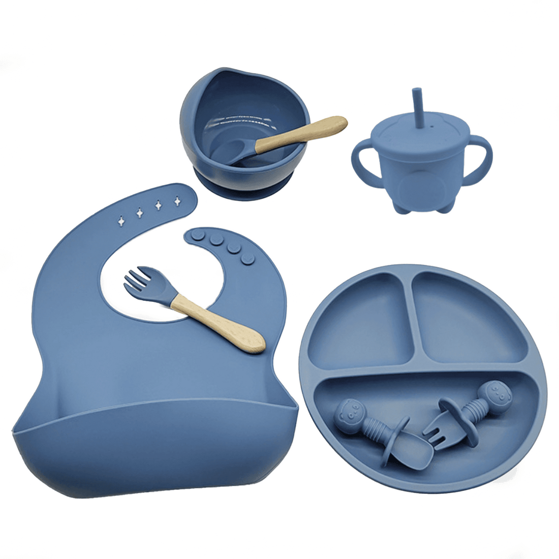 Set hrănire bebe silicon, 8 piese: bavetă, farfurie compartimentată, bol cu ventuză, 2 seturi linguriță și furculiță, cană, fără alergeni, albastru
