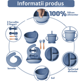 Set hrănire bebe silicon, 8 piese: bavetă, farfurie compartimentată, bol cu ventuză, 2 seturi linguriță și furculiță, cană, fără alergeni, albastru