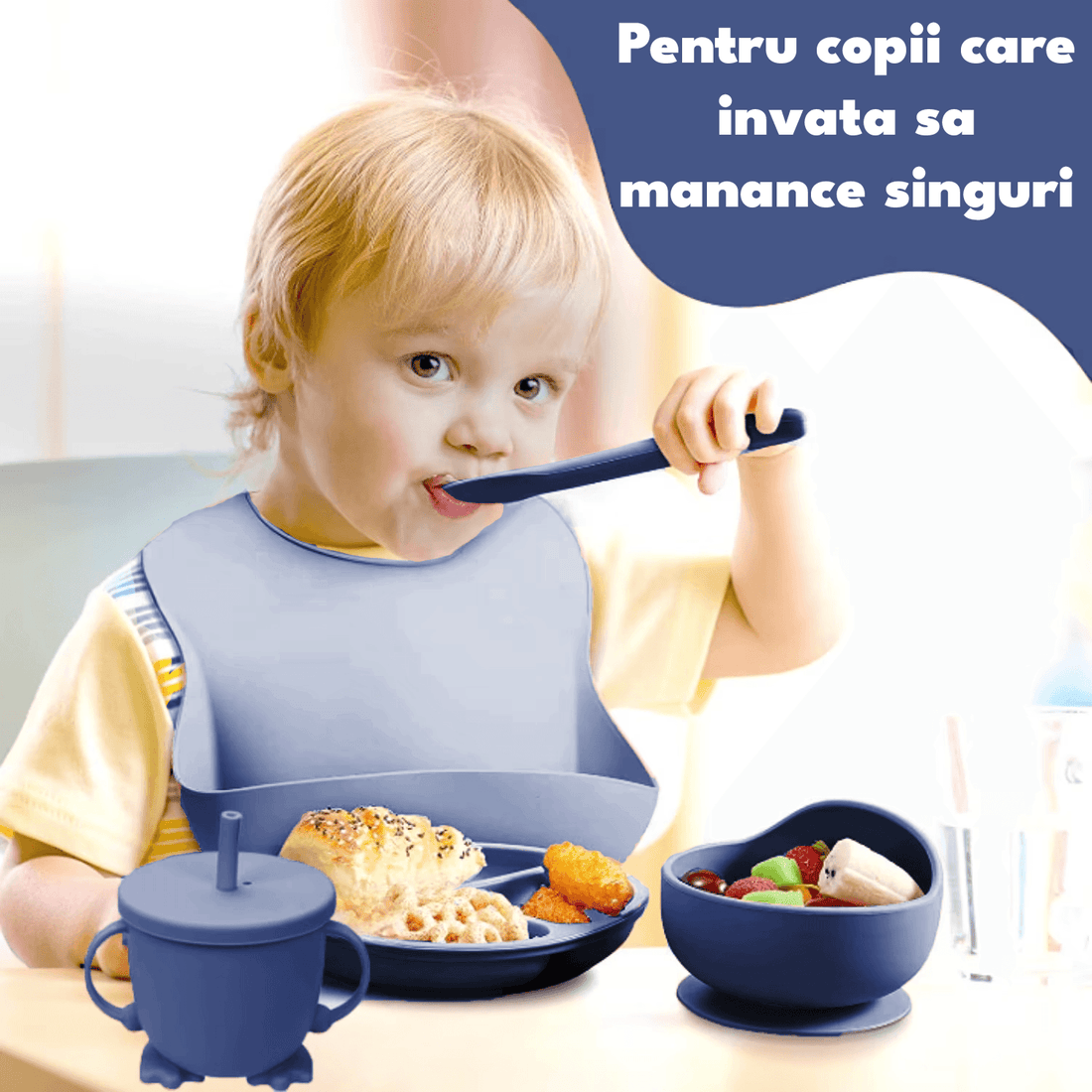 Set hrănire bebe silicon, 8 piese: bavetă, farfurie compartimentată, bol cu ventuză, 2 seturi linguriță și furculiță, cană, fără alergeni, albastru