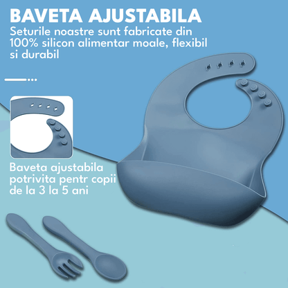 Set hrănire bebe silicon, 8 piese: bavetă, farfurie compartimentată, bol cu ventuză, 2 seturi linguriță și furculiță, cană, fără alergeni, albastru