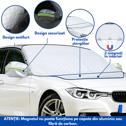 Parasolar Auto Elindor® pentru Parbriz si Oglinzi, Magnetic cu 3 Magneti, cu Banda Reflectorizanta, Material cu 4 Straturi, Universal, Folie pentru Protectie Soare, Antiinghet, Pliabil, Usor de Depozitat, Accesorii Masina Exterior, 193 x 125 cm, Argintiu