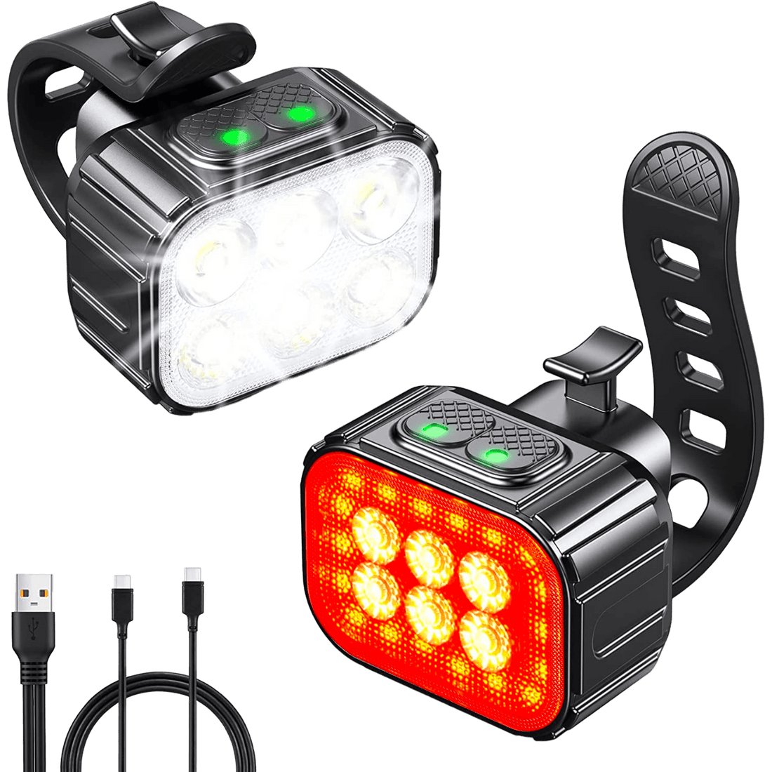 Set Lumini Bicicletă 6 LED-uri, Far Față/Spate, USB Reîncărcabil 1100mAh, 4 Moduri, IPX65, Alb/Roșu