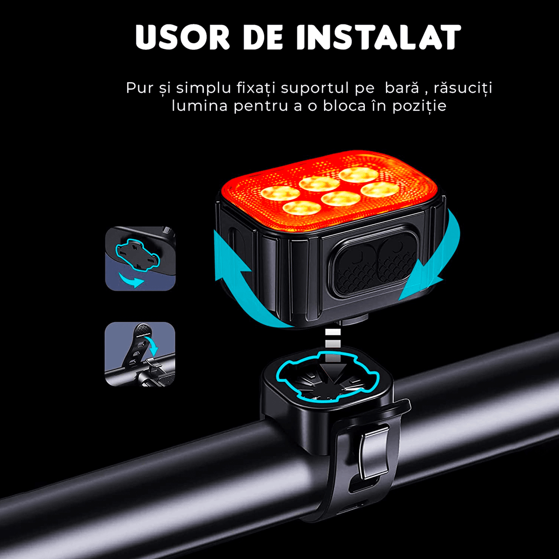 Set Lumini Bicicletă 6 LED-uri, Far Față/Spate, USB Reîncărcabil 1100mAh, 4 Moduri, IPX65, Alb/Roșu