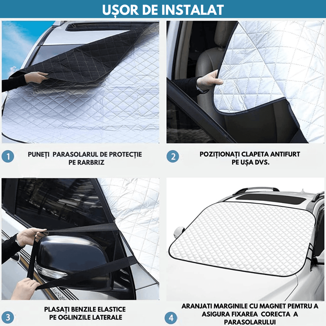 Parasolar pentru Parbriz, Anti-Igheț, cu 3 Magneți, Material cu 4 Straturi, Universal, 193 x 126 cm