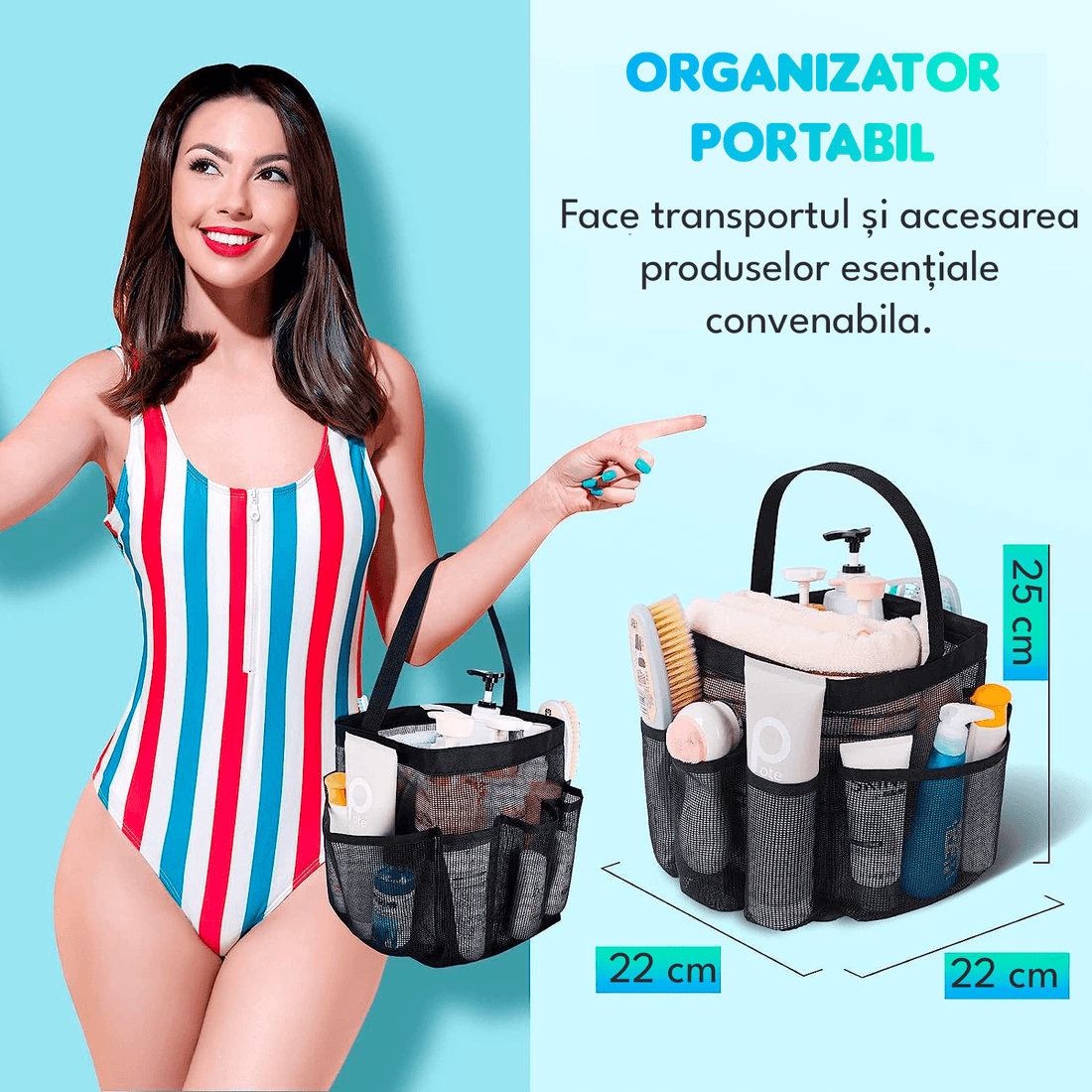 Organizator Baie Textil, Portabil, 8 Buzunare, 22 x 22 x 25 cm, Negru