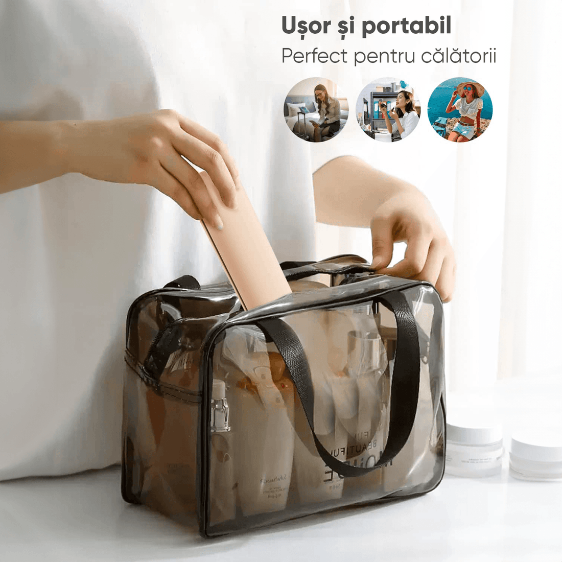 Organizator pensule machiaj pentru calatorii, din silicon anti-cadere, inchidere cu magnet, portabil, elegant, portfard pentru cosmetice, 21x6x4 cm, Bej