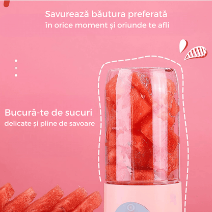 Mini Blender Electric Elindor, Portabil, 500ml, Auto-curățare, Baterie Reîncărcabilă 2000mAh, 15.000rpm, 4 Lame Oțel, Roz