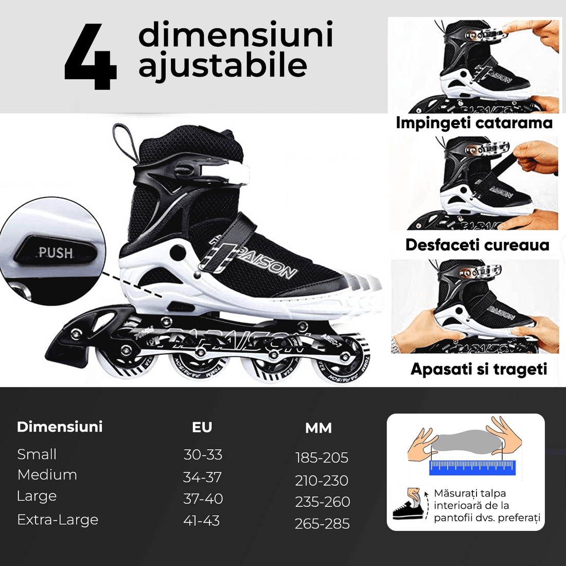 Role Reglabile L 37-40, Roți Luminoase Silicon, Rulmenți ABEC-7, Negru/Alb