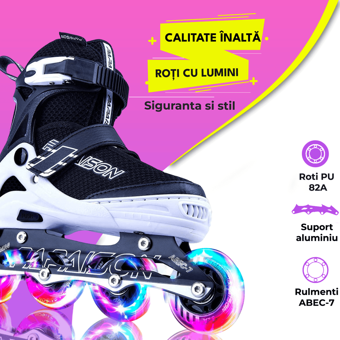 Role Reglabile L 37-40, Roți Luminoase Silicon, Rulmenți ABEC-7, Negru/Alb