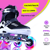 Role Reglabile M 33-36, Roți Luminoase Silicon, Rulmenți ABEC-7, Negru/Alb