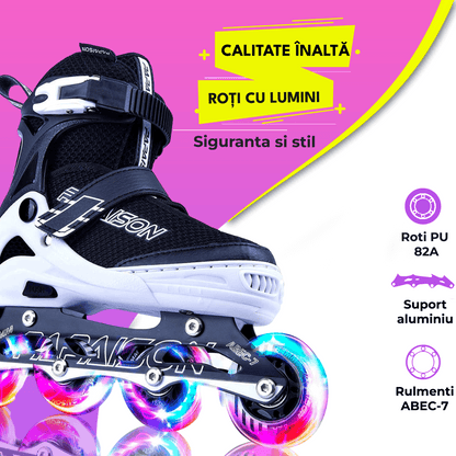 Role Reglabile S 28-32, Roți Luminoase Silicon, Rulmenți ABEC-7, Negru/Alb