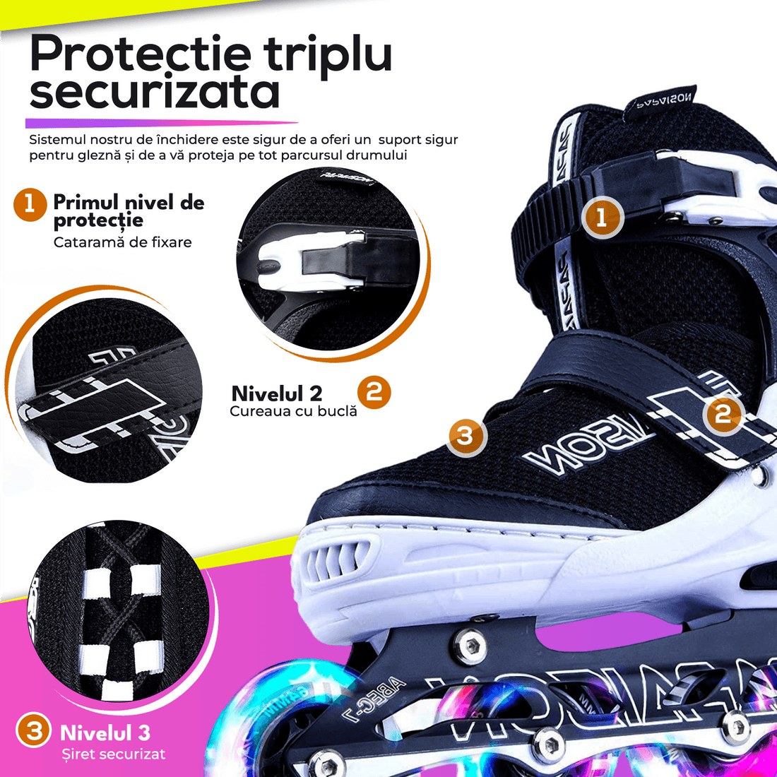 Role Reglabile L 37-40, Roți Luminoase Silicon, Rulmenți ABEC-7, Negru/Alb