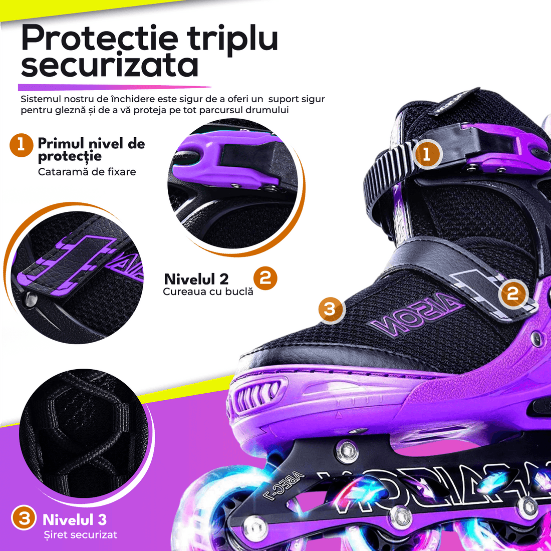 Role Reglabile S 28-32, Roți Luminoase Silicon, Rulmenți ABEC-7, Mov