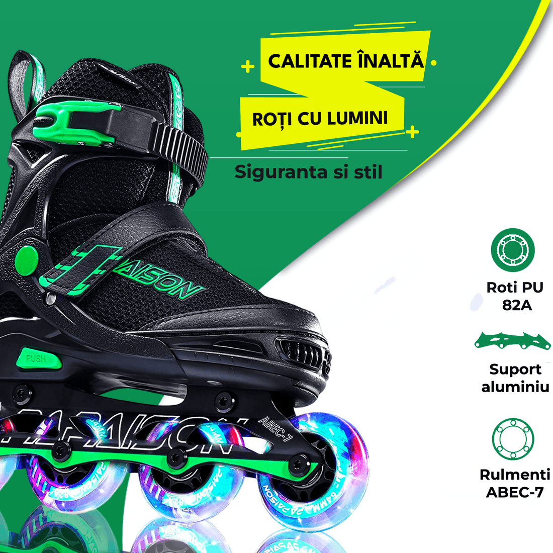 Role Reglabile S 28-32, Roți Luminoase Silicon, Rulmenți ABEC-7, Verde