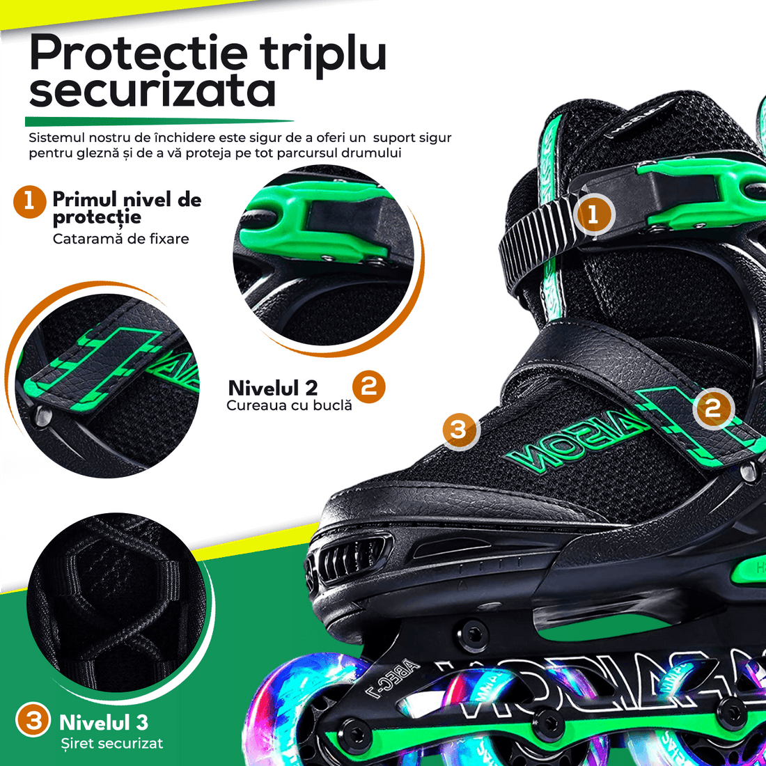 Role Reglabile L 37-40, Roți Luminoase Silicon, Rulmenți ABEC-7, Verde